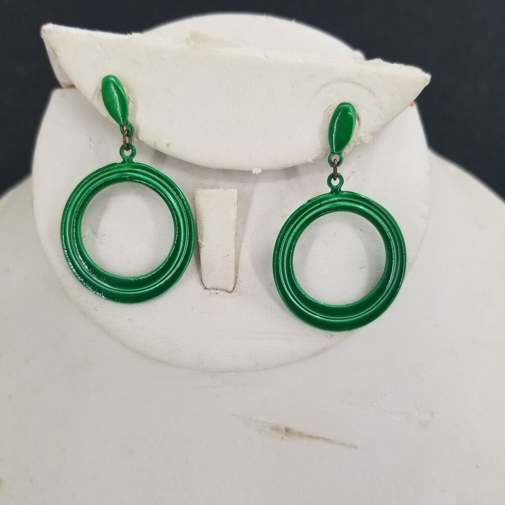 Vintage Green Painted Metal Dangle Post Earrings Costume Jewelry